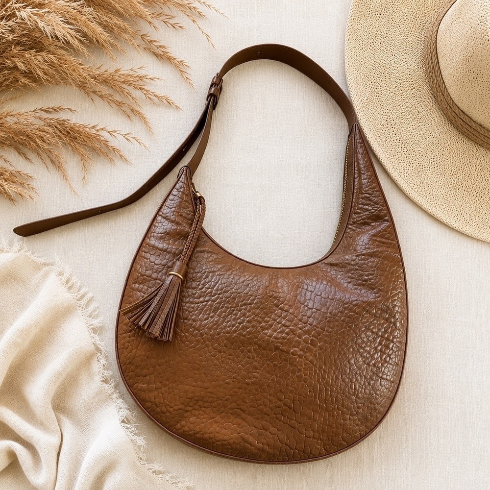 Vince Camuto Brown Textured Crescent Shoulder Bag with Tassel